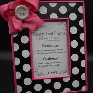 Magnetic Picture Frame 4" x 6", Pink with Black and White Polka Dots - Brand New
